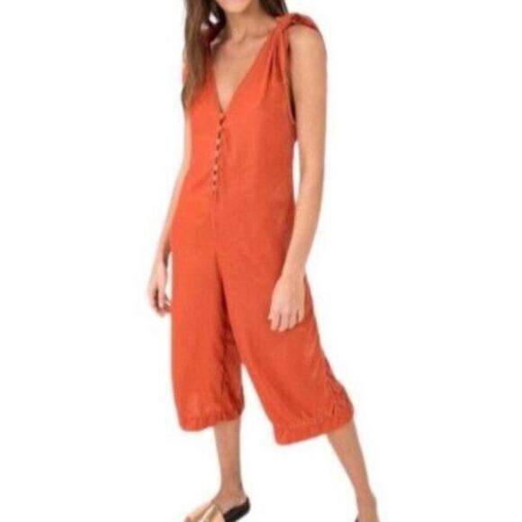 Farm Rio Rust Orange Tie-Strap Cropped Jumpsuit PP Wide Leg Boho Style - Picture 1 of 7